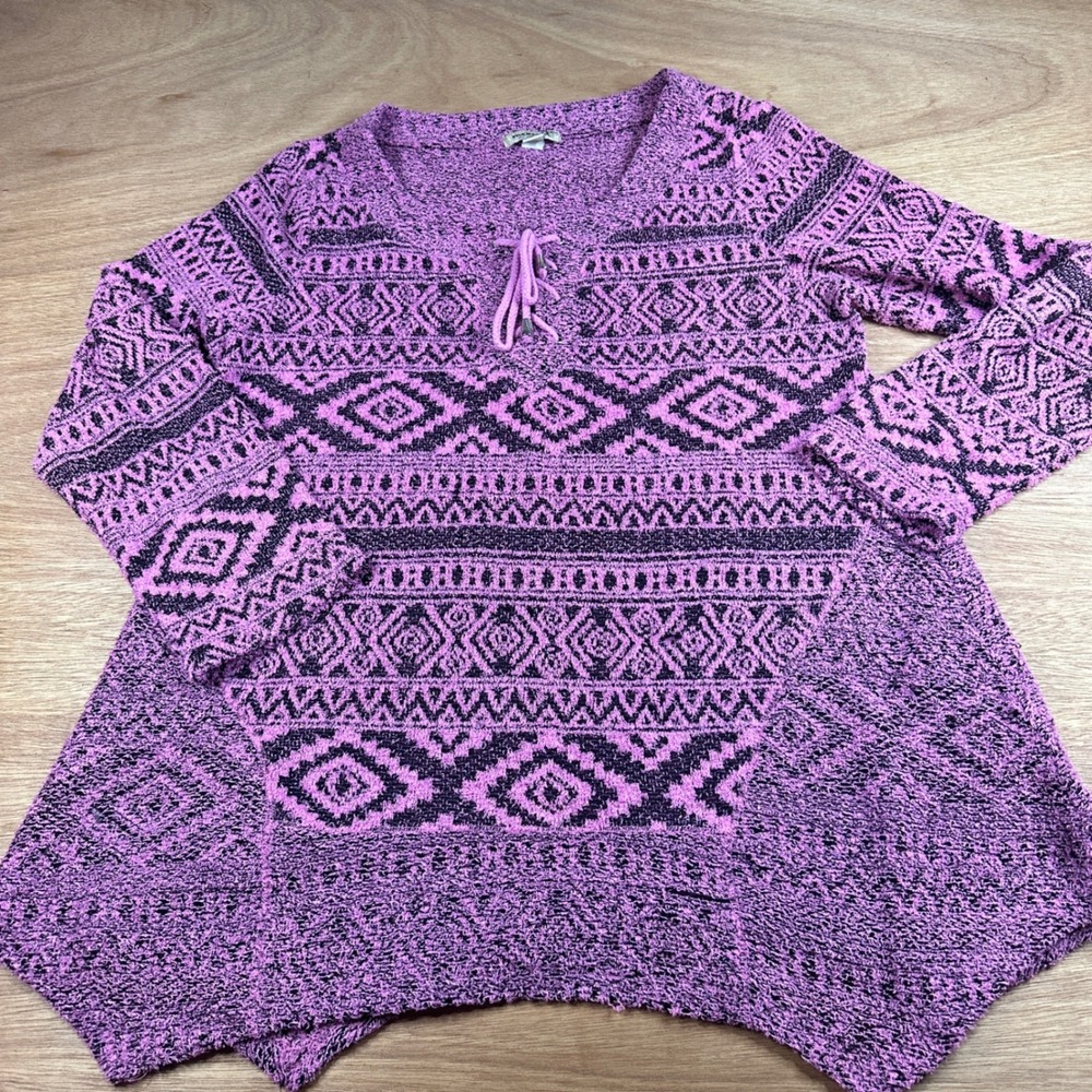 One World Live And Let Live XL Pink Black Aztec Knit Sweater Boho Sharkbite Hem